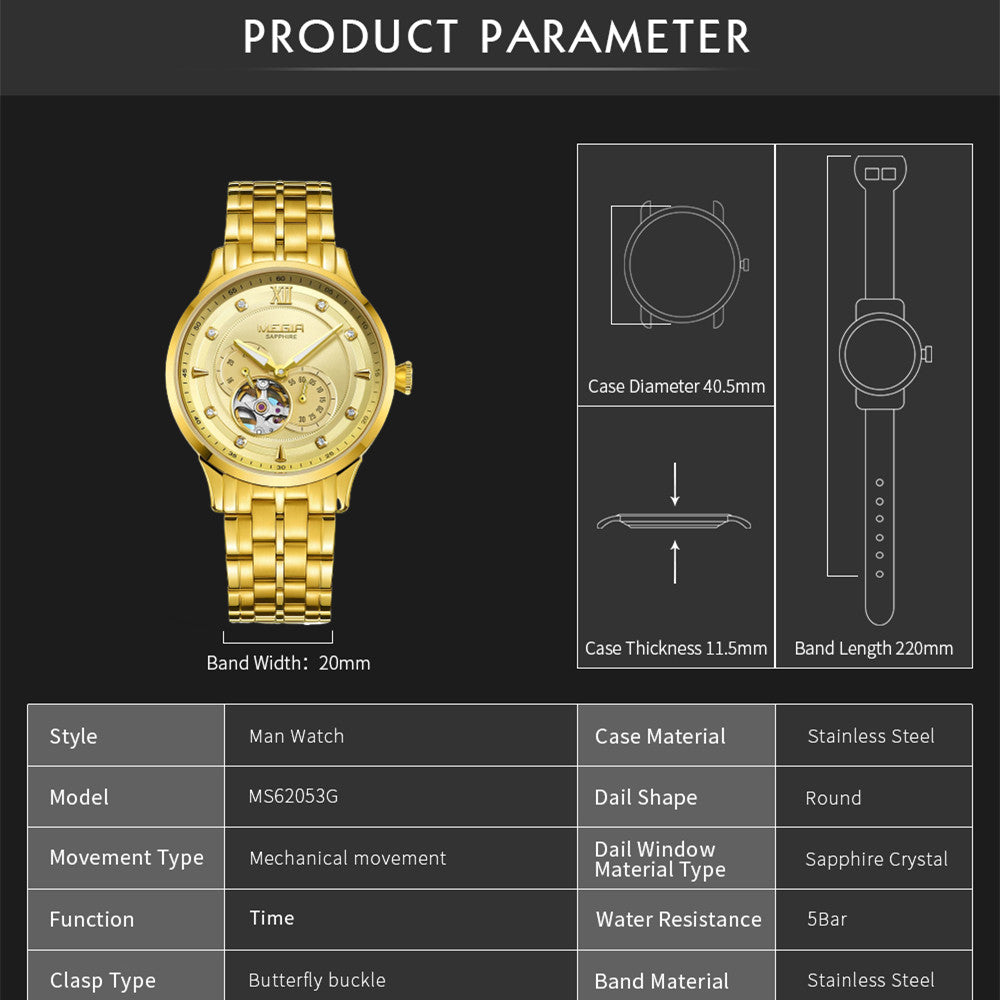 MEGIR Luxury Men Watches Stainless Steel Automatic Mechanical Watch Sapphire Steel Case Business WristWatch Montre Homme 62053-7