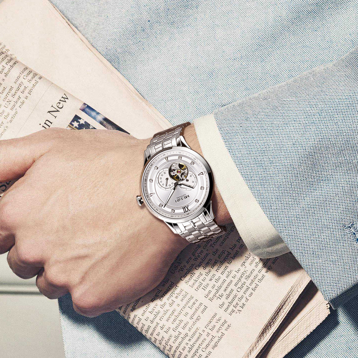 MEGIR Luxury Men Watches Stainless Steel Automatic Mechanical Watch Sapphire Steel Case Business WristWatch Montre Homme 62053-3