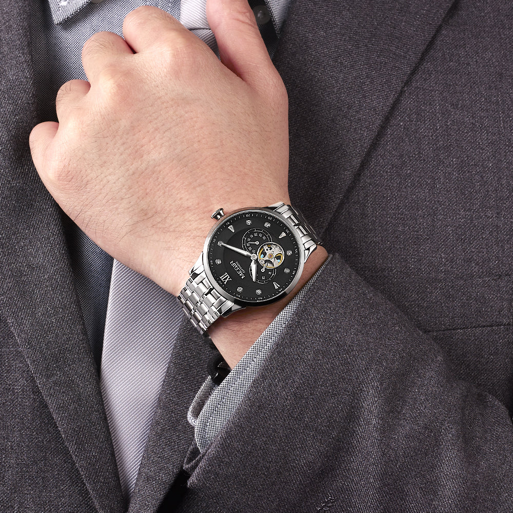 MEGIR Luxury Men Watches Stainless Steel Automatic Mechanical Watch Sapphire Steel Case Business WristWatch Montre Homme 62053-6