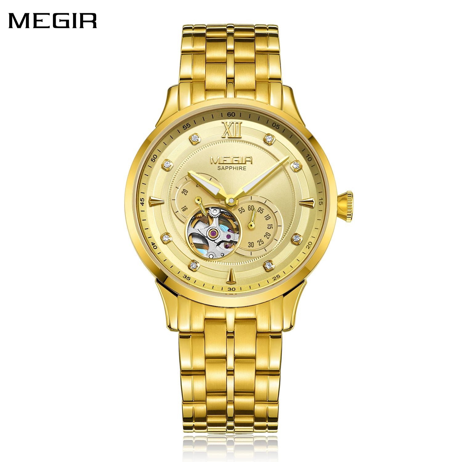 MEGIR Luxury Men Watches Stainless Steel Automatic Mechanical Watch Sapphire Steel Case Business WristWatch Montre Homme 62053-0