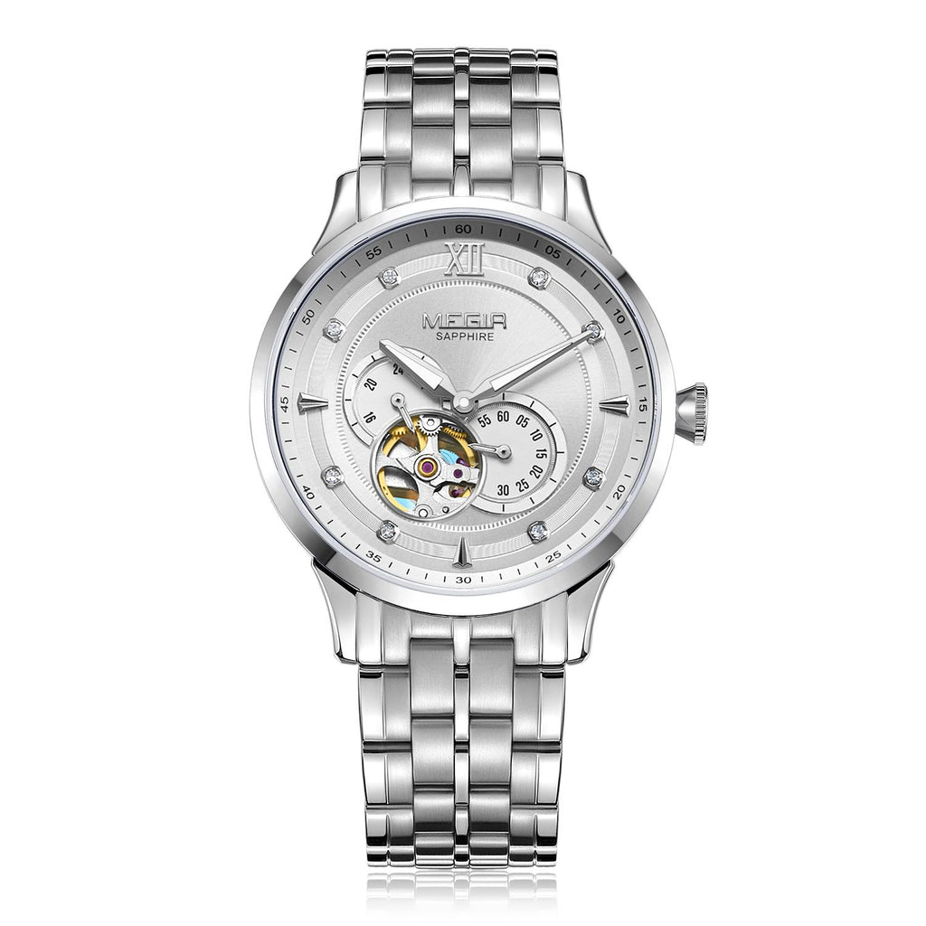 MEGIR Luxury Men Watches Stainless Steel Automatic Mechanical Watch Sapphire Steel Case Business WristWatch Montre Homme 62053-9