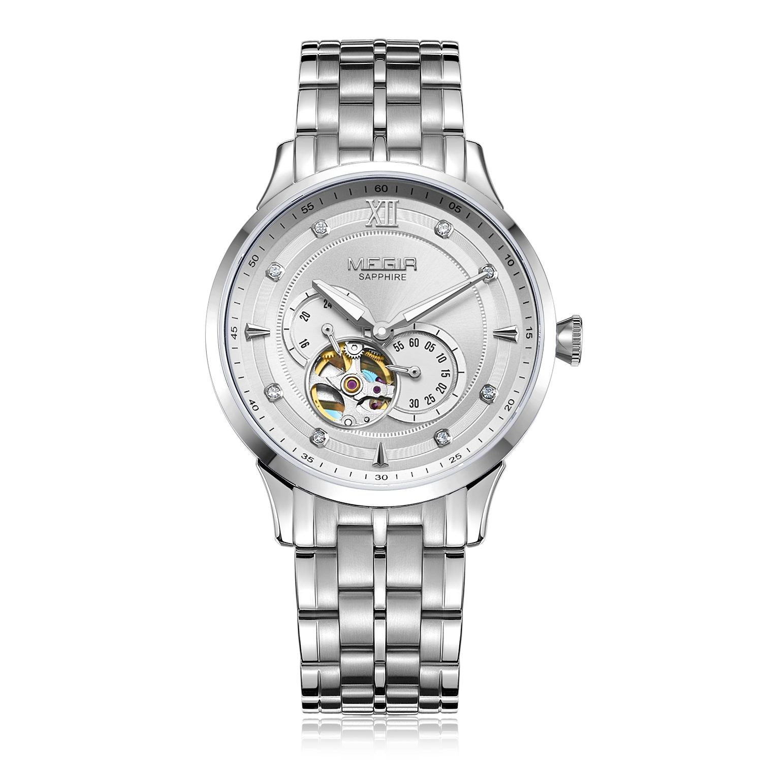 MEGIR Luxury Men Watches Stainless Steel Automatic Mechanical Watch Sapphire Steel Case Business WristWatch Montre Homme 62053-9