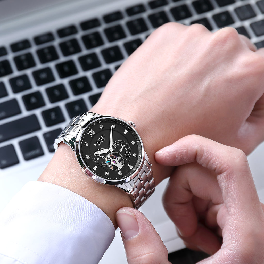 MEGIR Luxury Men Watches Stainless Steel Automatic Mechanical Watch Sapphire Steel Case Business WristWatch Montre Homme 62053-5