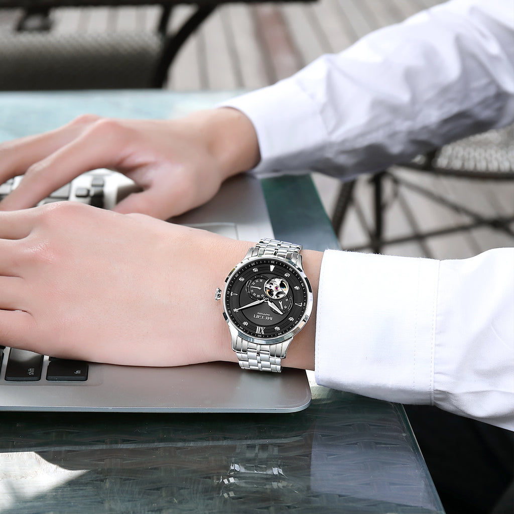 MEGIR Luxury Men Watches Stainless Steel Automatic Mechanical Watch Sapphire Steel Case Business WristWatch Montre Homme 62053-4